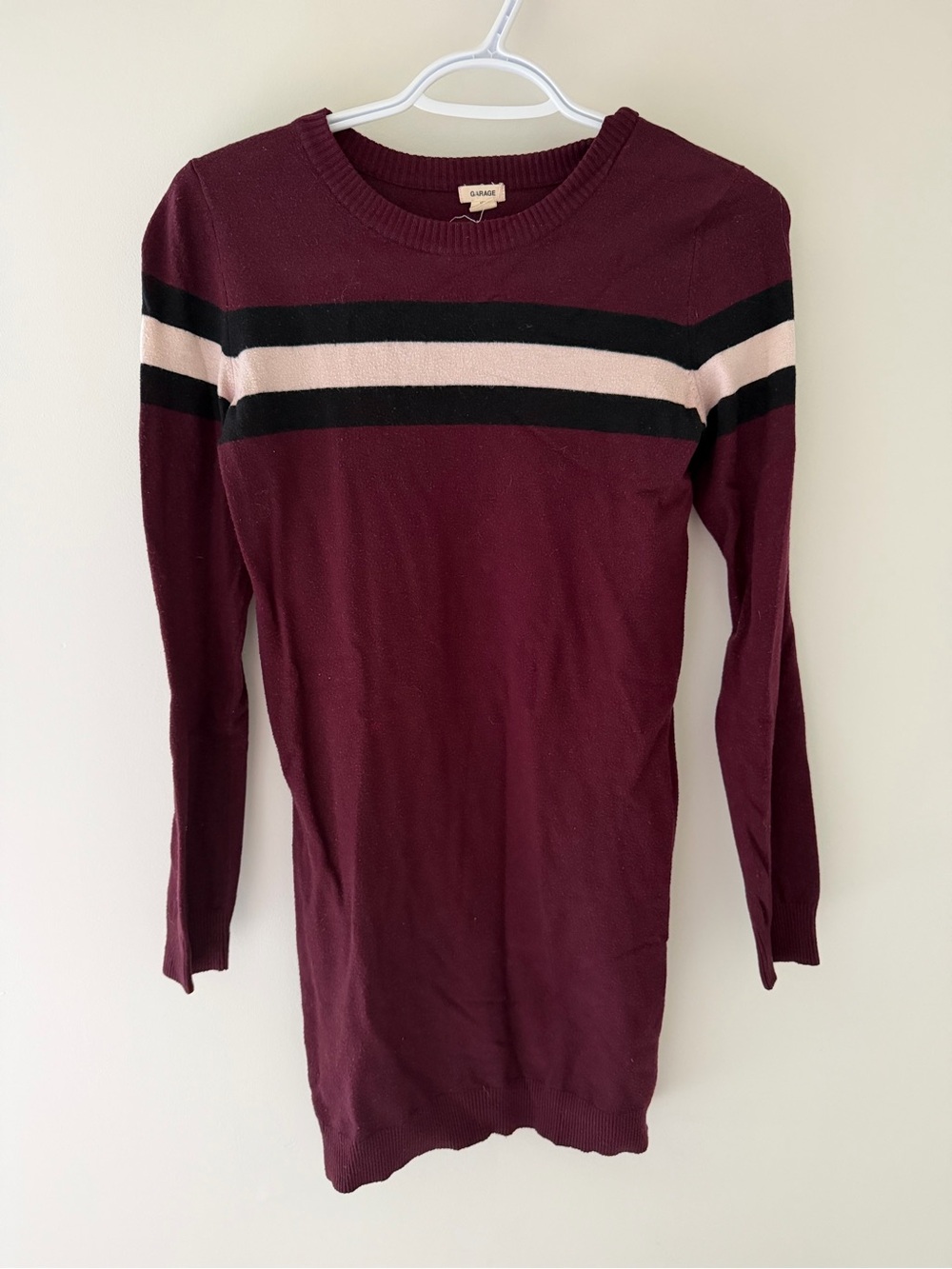 Garage Burgundy Crewneck Sweater with Black and Light Pink Stripes